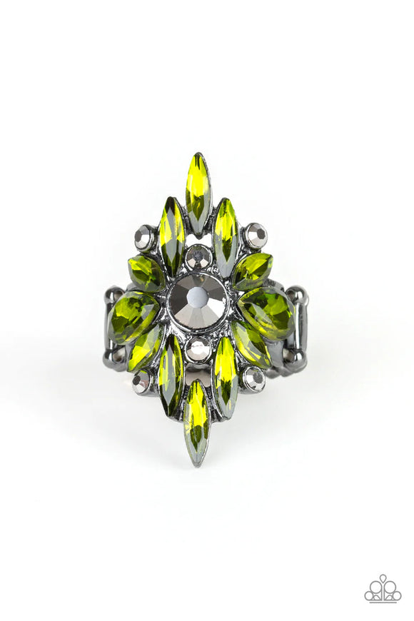 Stand Back - Green Rhinestones Hematite Rhinestones Wide Band Ring