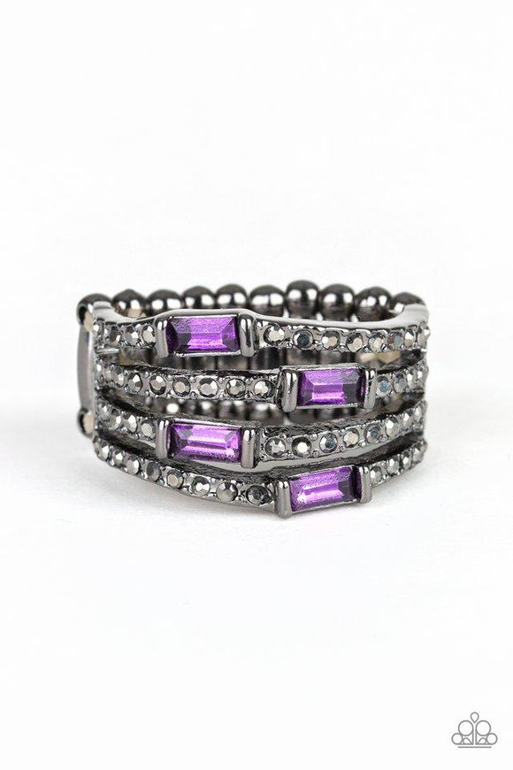 Royal Reflections - Purple Rhinestones Gunmetal Wide Band Ring