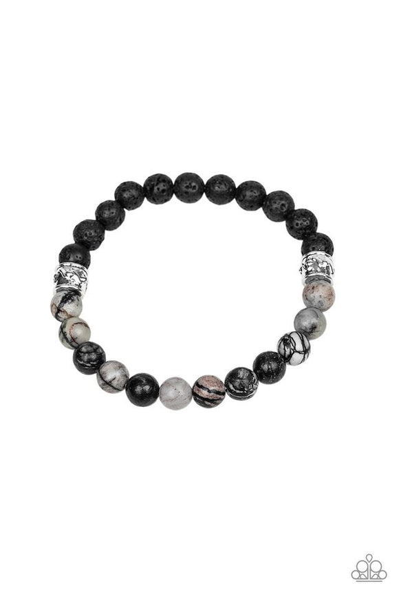 Tuned In - Silver - Brown Stone Beads Lava Rock Stretchy Bracelet