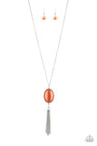 Tasseled Tranquility - Pink - Orange Oversized Cat's Eye Stone with Silver Tassels Long Necklace FF Necklace