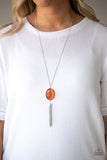 Tasseled Tranquility - Pink - Orange Oversized Cat's Eye Stone with Silver Tassels Long Necklace FF Necklace