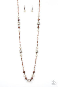 Wall Street Waltz - Copper Beads White Pearls Long Necklace