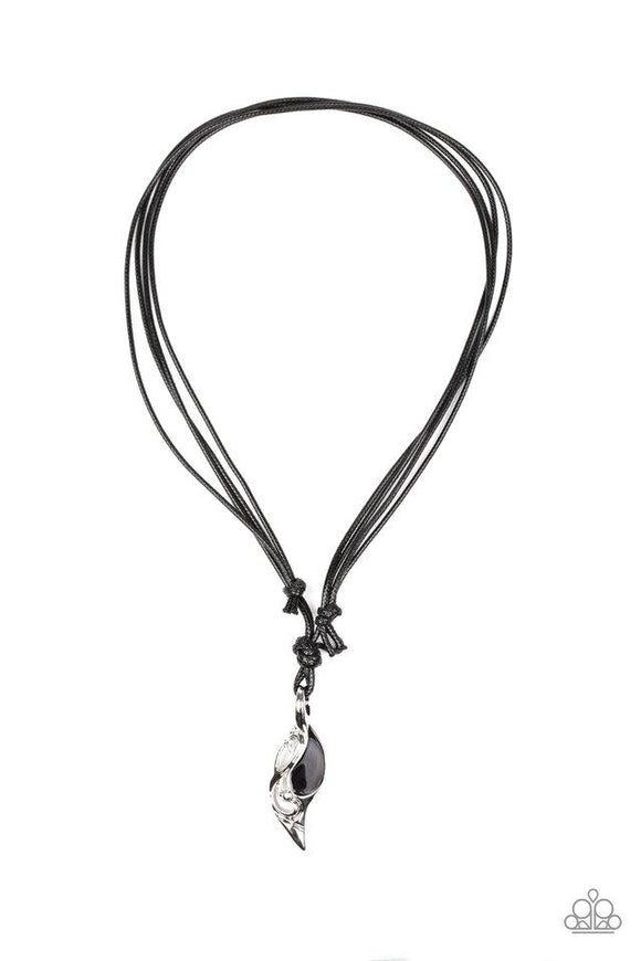 Titan Thunder - Black Cording Silver Leafy Pendant Urban Short Necklace