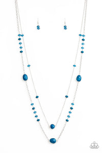 Dazzle the Crowd - Blue Oversized Beads Trickle Down Silver Chain Long Necklace