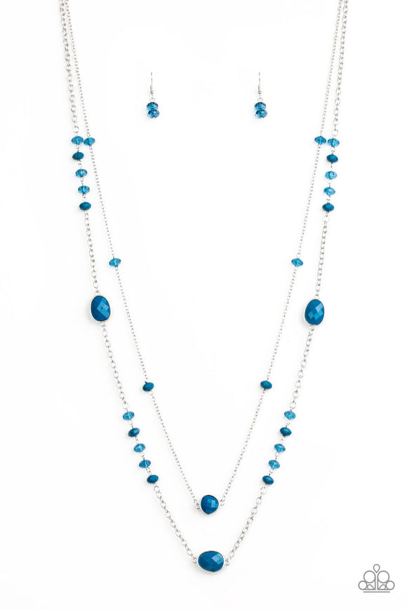 Dazzle the Crowd - Blue Oversized Beads Trickle Down Silver Chain Long Necklace