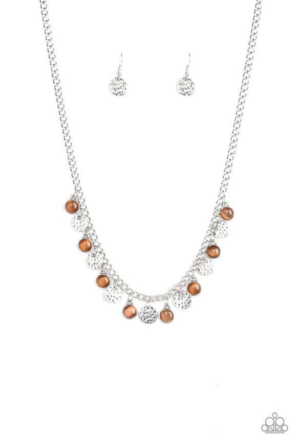 Treasure Tour - Brown Cat's Eye Stones Silver Hammered Discs Short Necklace