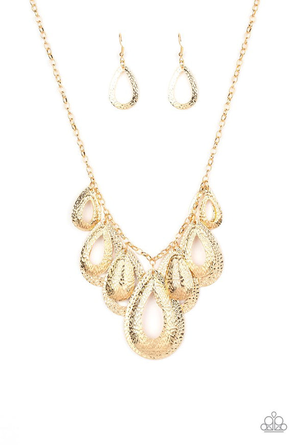 Teardrop Tempest - Gold Hammered Teardrops Short Necklace