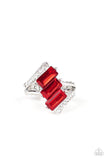 Triple Razzle - Red Emerald Cut Rhinestones Wide Band Ring