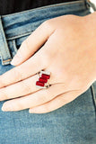 Triple Razzle - Red Emerald Cut Rhinestones Wide Band Ring