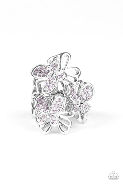 Flighty Flutter - Purple Rhinestone Encrusted Butterflies Wide Band Ring