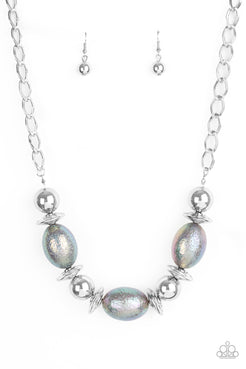 Welcome To the Big Leagues - Silver Oversized Iridescent Beads Short Necklace