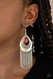 Scattered Storms - Orange - Red Teardrop Gem Inside Silver Hammered Teardrop Fishhook Earrings