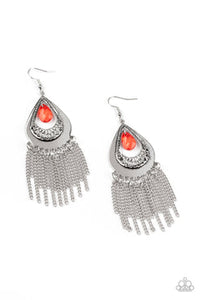 Scattered Storms - Orange - Red Teardrop Gem Inside Silver Hammered Teardrop Fishhook Earrings