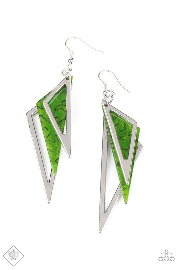 Evolutionary Edge - Green Acrylic Triangle Fishhook Earrings - FF Earrings