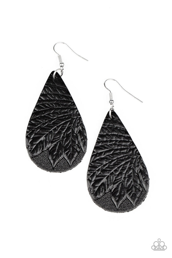 Everyone Remain Palm - Black Leather Teardrop Leafy Pattern Fishhook Earrings