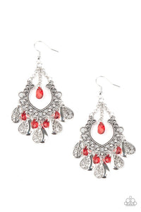 Musical Gardens - Red Crystal-Like Beads Silver Filigree Teardrop Fishhook Earrings