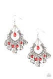 Musical Gardens - Red Crystal-Like Beads Silver Filigree Teardrop Fishhook Earrings