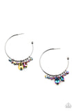 Dazzling Downpour - Multi Oil Spill Crystal-Like Beads Gunmetal Hoop Earrings