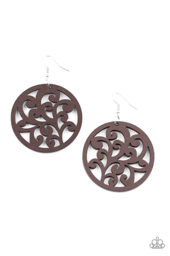 Fresh Off the Vine - Brown Vine-Like Filigree Wooden Fishhook Earrings