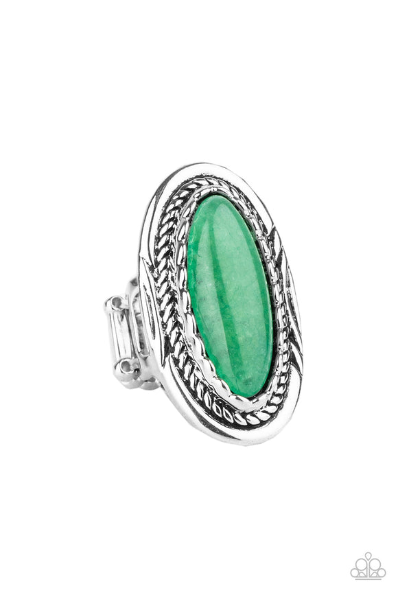 Primal Instincts - Green Oblong Stone Wide Band Ring