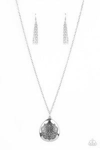 Rustic Renaissance - Silver Teardrop Flowery Mandala-Like Pattern Long Necklace