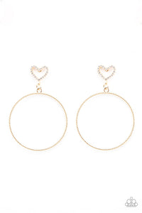 Love Your Curves - Gold Heart and Hoop Frame White Rhinestones Post Earrings