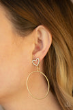 Love Your Curves - Gold Heart and Hoop Frame White Rhinestones Post Earrings