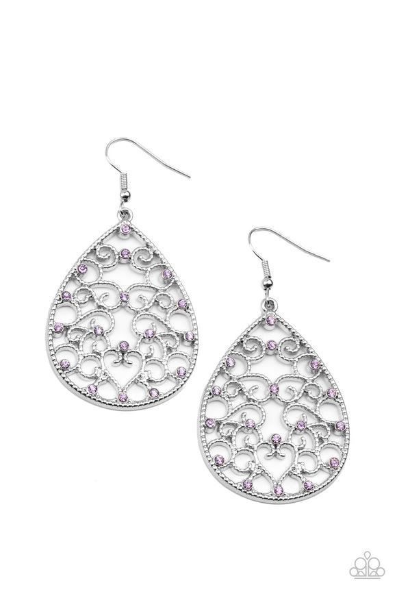 Midnight Carriage - Purple Dainty Rhinestones Silver Filigree Vines Fishhook Earrings