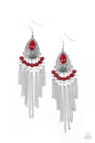 Floating On Heir - Red Beads Silver Chains Fishhook Earrings