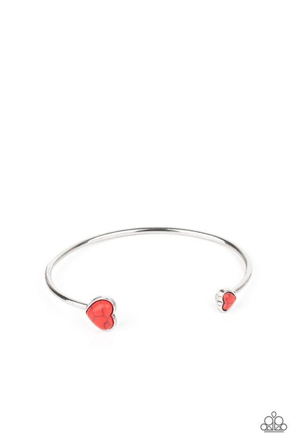 Romantically Rustic - Red Stone Hearts Silver Cuff Bracelet