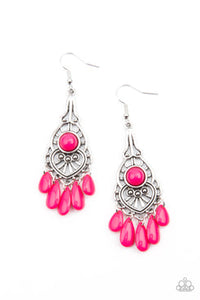 Fruity Tropics - Pink - Purple Teardrop Beads Silver Frame Fishhook Earrings