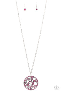 Thanks a Medallion - Pink Rhinestones Encrusted Silver Circular Frame Long Necklace