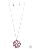 Thanks a Medallion - Pink Rhinestones Encrusted Silver Circular Frame Long Necklace