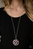 Thanks a Medallion - Pink Rhinestones Encrusted Silver Circular Frame Long Necklace