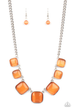 Aura Allure - Orange - Green Cat's Eye Squares Short Necklace