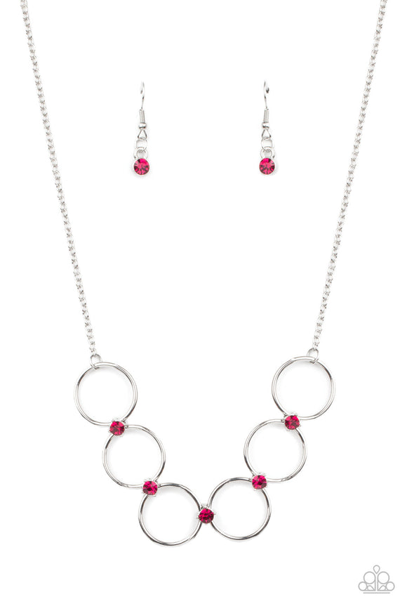 Regal Society - Pink Rhinestones Silver Rings Short Necklace