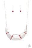 Going Through Phases - Multi - Red Iridescent Metallic Rhinestones Silver Triangular Plate Short Necklace