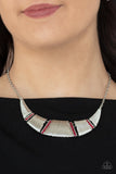 Going Through Phases - Multi - Red Iridescent Metallic Rhinestones Silver Triangular Plate Short Necklace