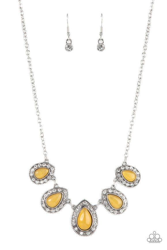 Everlasting Enchantment - Yellow Cat's Eye Stone White Rhinestones Short Necklace