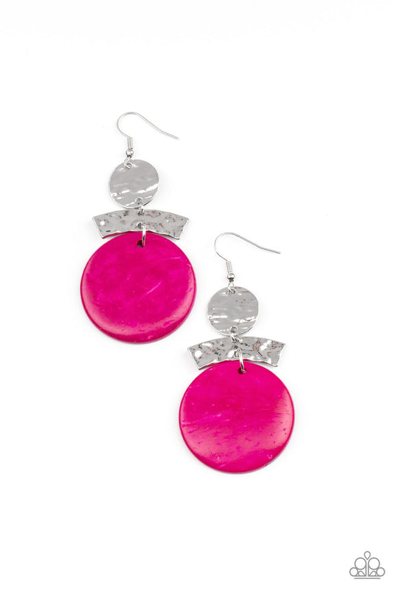 Diva of my Domain - Pink Wooden Disc Silver Hammered Disc Fishhook Earrings