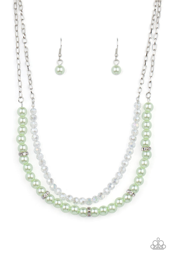 Parisian Princess - Green Ash Pearly Beads White Rhinestones Short Necklace