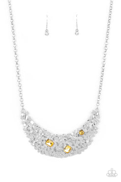 Fabulously Fragmented - Yellow Rhinestones White Rhinestones Short Necklace