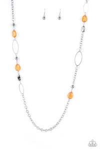 Sheer as Fate - Orange - Green Teardrop Beads Silver Oval Hoops Long Necklace