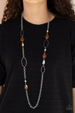 Sheer as Fate - Orange - Green Teardrop Beads Silver Oval Hoops Long Necklace