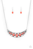 Emblazoned Era - Pink Neon Beads Silver Half-Moon Plate Short Necklace