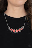 Emblazoned Era - Pink Neon Beads Silver Half-Moon Plate Short Necklace