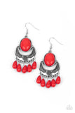 Prairie Flirt - Red Teardrop Beads Silver Half-Moon Fishhook Earrings