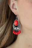 Prairie Flirt - Red Teardrop Beads Silver Half-Moon Fishhook Earrings