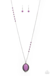 Plateau Paradise - Purple Stone Bead Set Inside Silver Floral Vine-Like Patterns Long Necklace