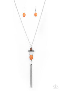 Natural Novice - Blue/Turquoise - Orange - Silver Stone Square Wooden Frame, Silver Rod, White Shell Long Necklace